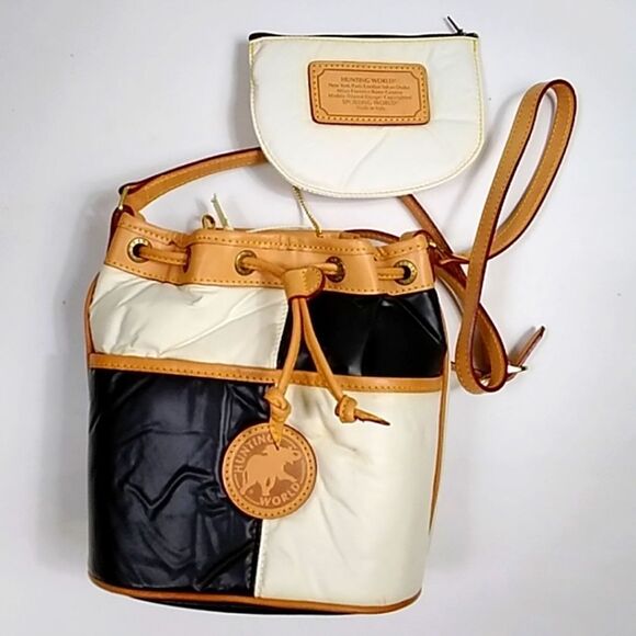 Vintage Authentic Hunting World Nylon W/ Leather Crossbody Bag Black White Tan - Picture 1 of 16